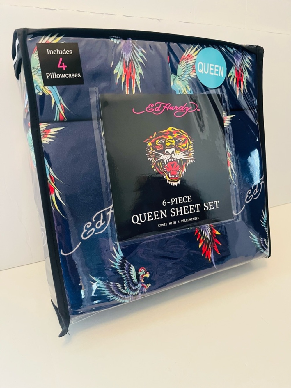 Ed Hardy Blue Queen Size Sheet Set Colorful Parrots Birds Perched & Flying